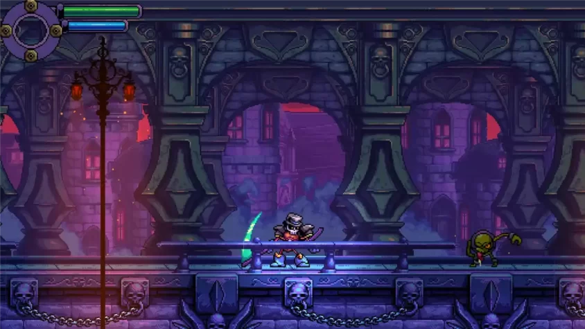 Скриншот игры Kraino Rebirth — скелет с косой в готическом городе