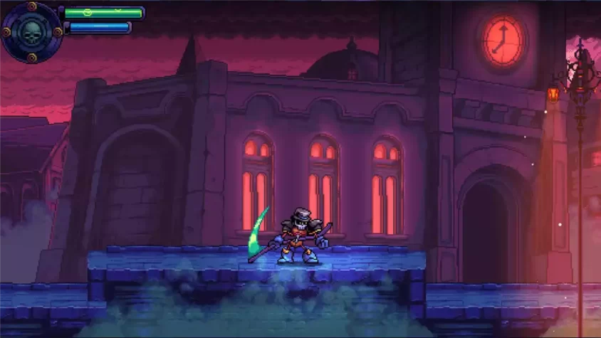 Скриншот игры Kraino Rebirth — сражение скелета с врагом в зловещем коридоре