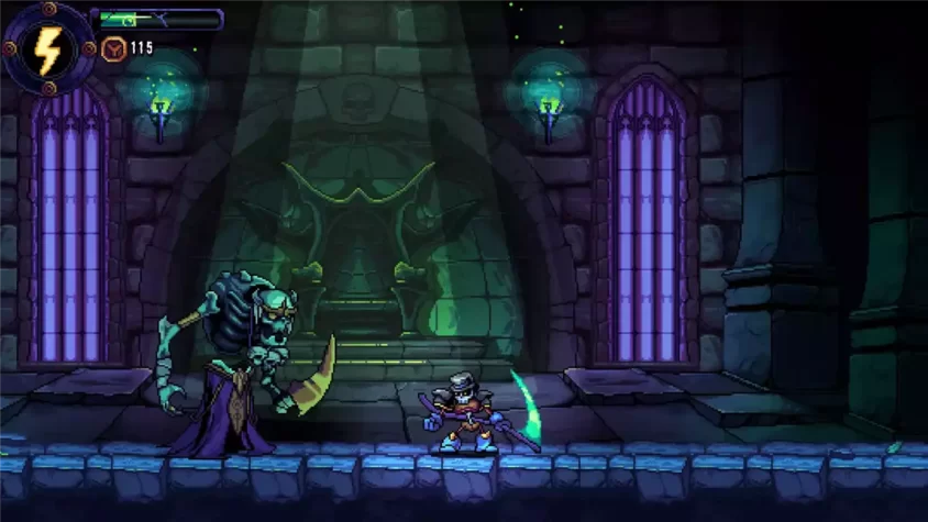 Скриншот игры Kraino Rebirth — скелет сражается с врагом возле лавы