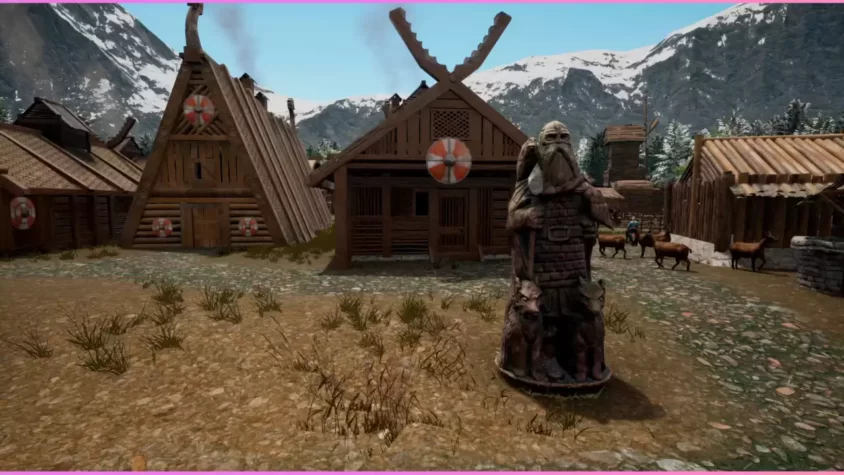 Скриншот статуи и построек в Land of the Vikings