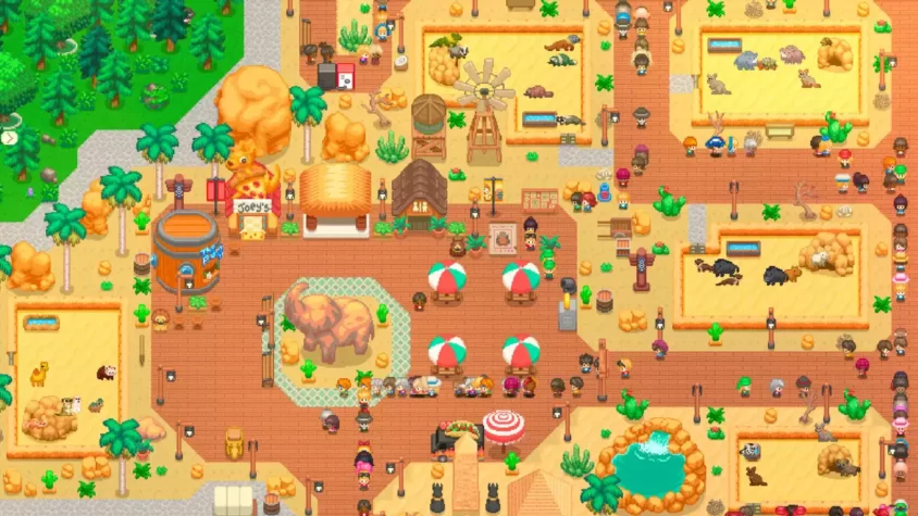 Скриншот игры: парк с животными и посетителями