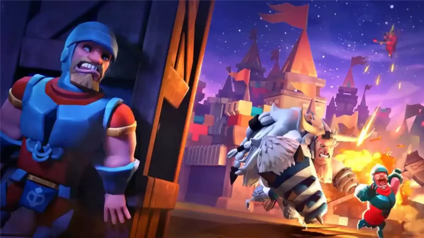 Маг и армия воинов сражаются с гигантским противником в Lords Mobile