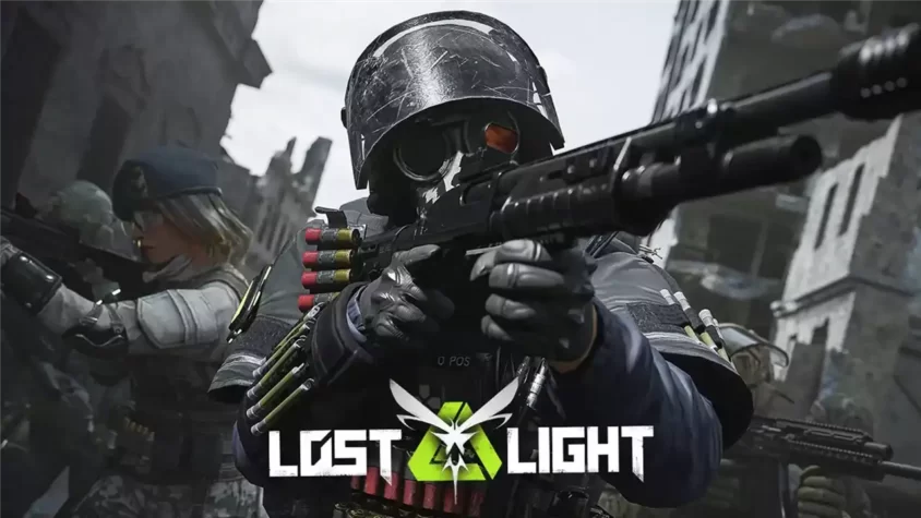 Обложка игры Lost Light, где изображены солдаты в боевых костюмах с оружием на фоне разрушенного города