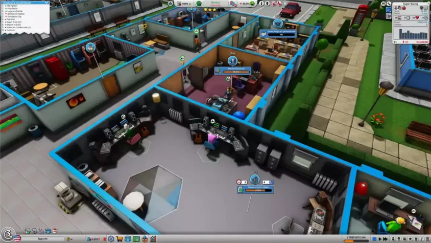 Скриншот из Mad Games Tycoon 2 с видом на офис и различные помещения.