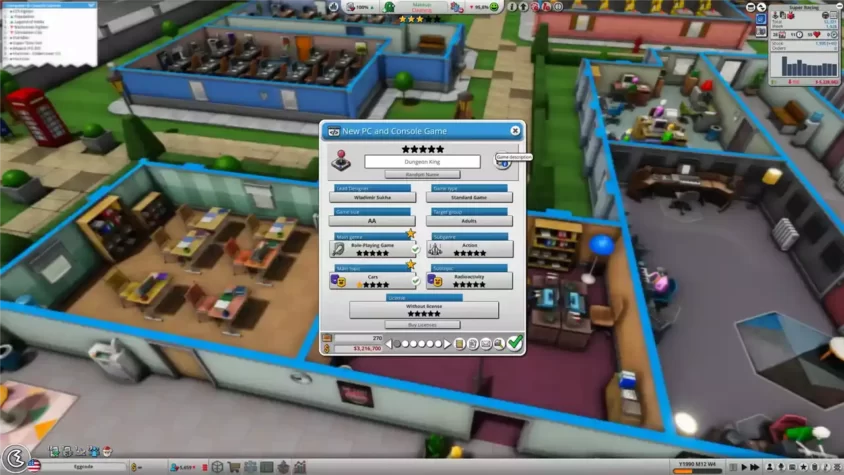 Процесс разработки игры в Mad Games Tycoon 2, в меню для создания нового проекта.