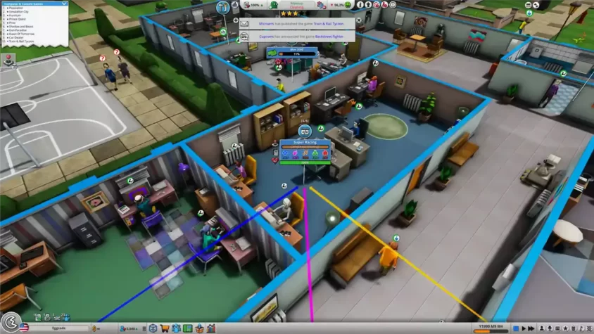 Скриншот из Mad Games Tycoon 2, где видно несколько помещений для работы и разработчиков.