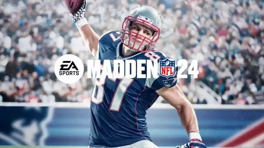 Обложка Madden NFL 24 Обложка игры Madden NFL 24 с футболистом в форме New England Patriots