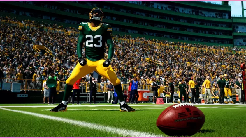 Скриншот с игроком в форме Green Bay Packers, празднующим победу