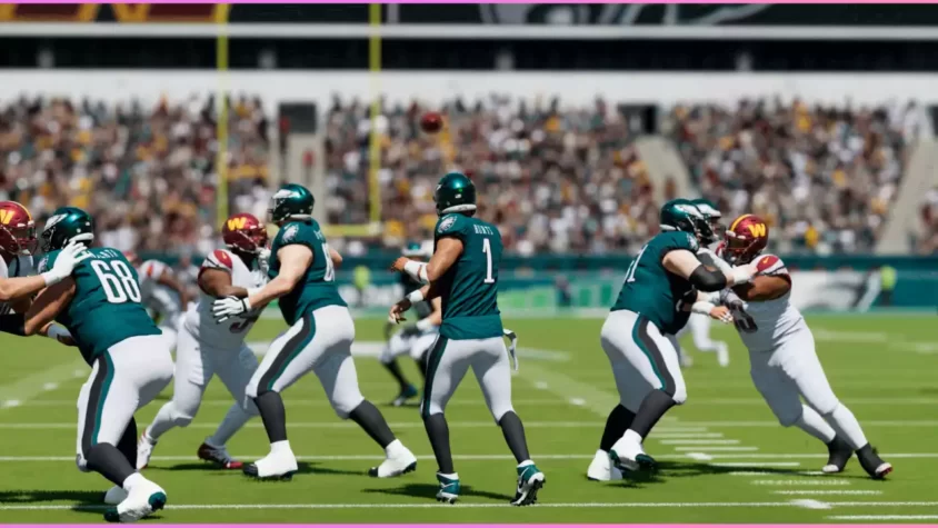 Игрок в форме Philadelphia Eagles бросает мяч, а его защитник уже в пути