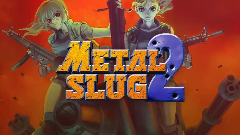 Обложка игры Metal Slug 2, два персонажа с оружием на фоне взрывов и огня