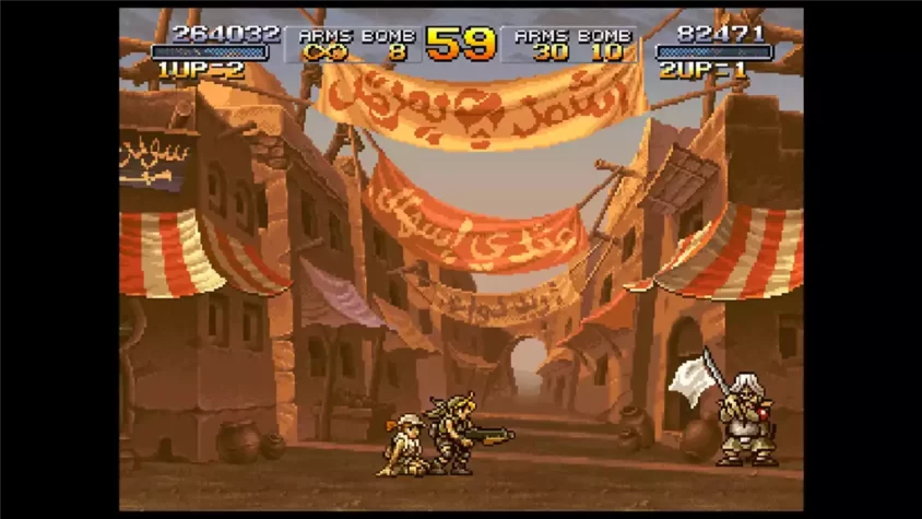 Скриншот Metal Slug 2, два персонажа в разрушенном городе с баннером