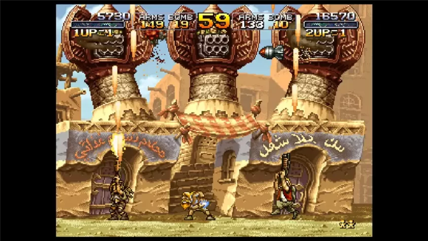 Скриншот Metal Slug 2, бой в пустыне с башнями в фоне