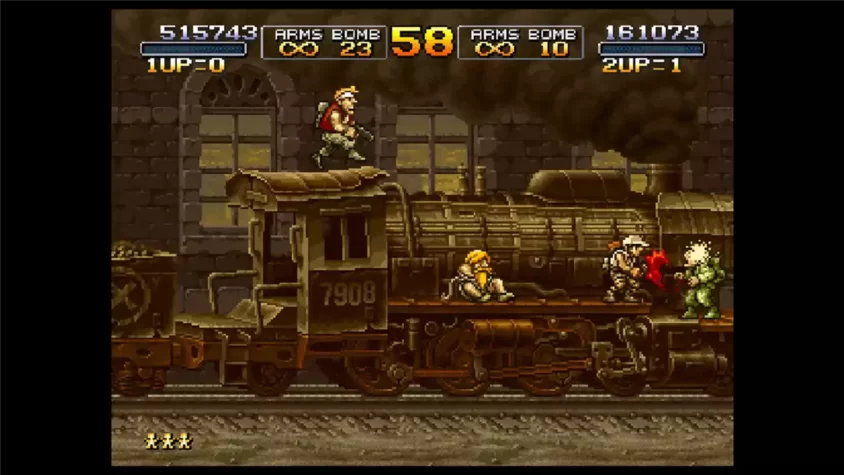 Скриншот Metal Slug 2, бой на фоне песчаных башен и выстрелов