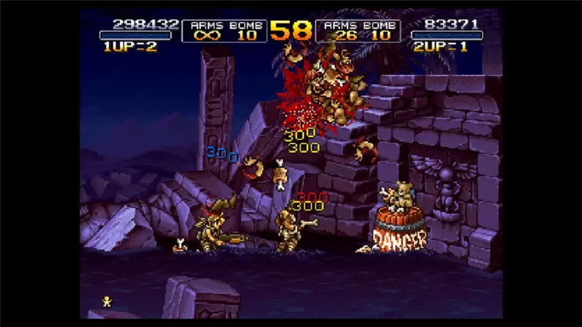 Скриншот Metal Slug 2, сцена с большим количеством взрывов