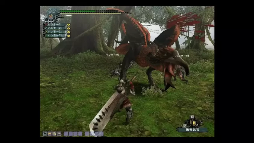 Скриншот из Monster Hunter 2, сражение с монстром