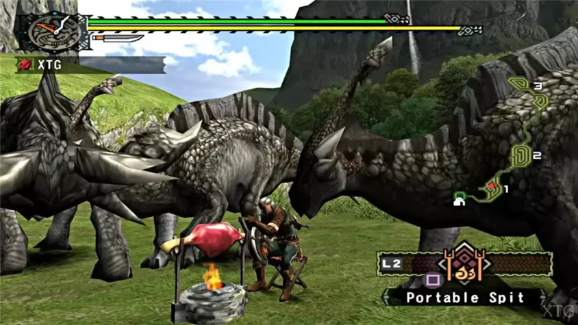 Скриншот из Monster Hunter 2, сражение с монстрами на открытой местности