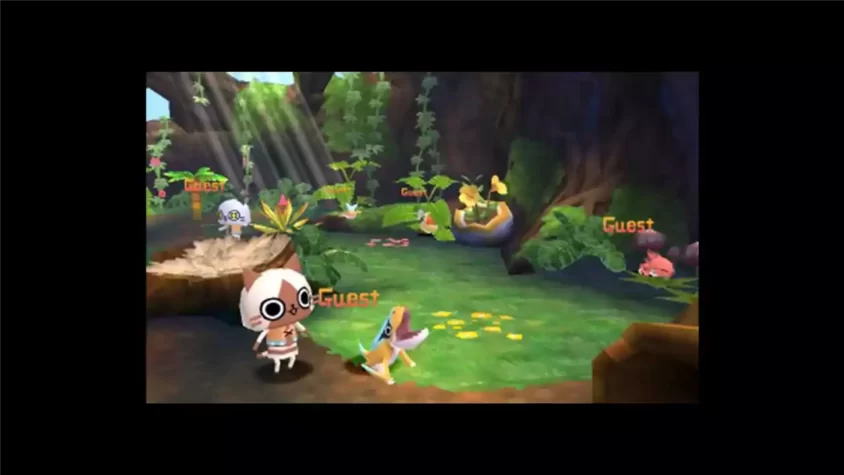 Скриншот из игры Monster Hunter Diary Poka Poka Airu Village DX с котиками, исследующими джунгли