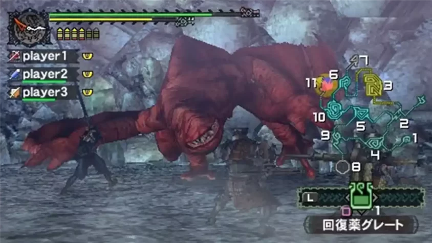 Сражение с монстром в подземелье в Monster Hunter Freedom