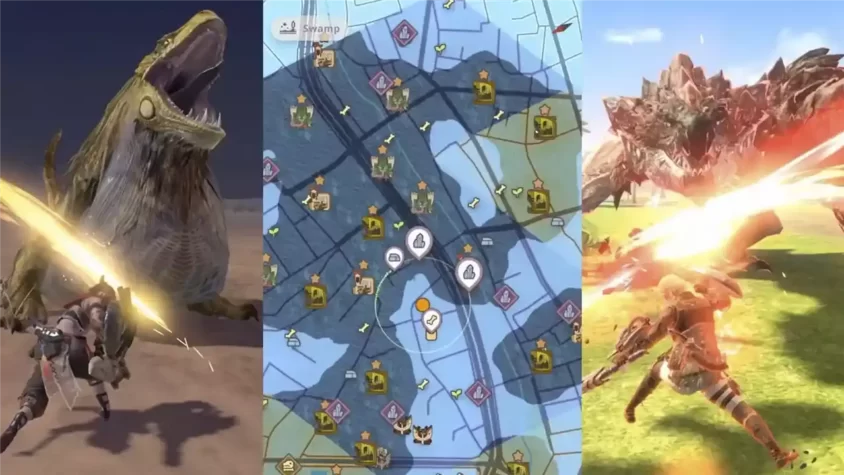 Карты и монстры на экране в Monster Hunter Now