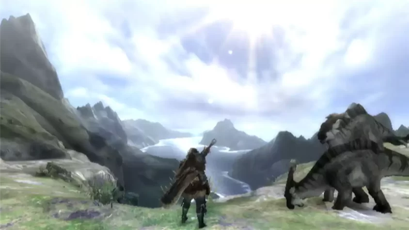 Персонаж в Monster Hunter Tri на фоне живописного пейзажа с монстрами