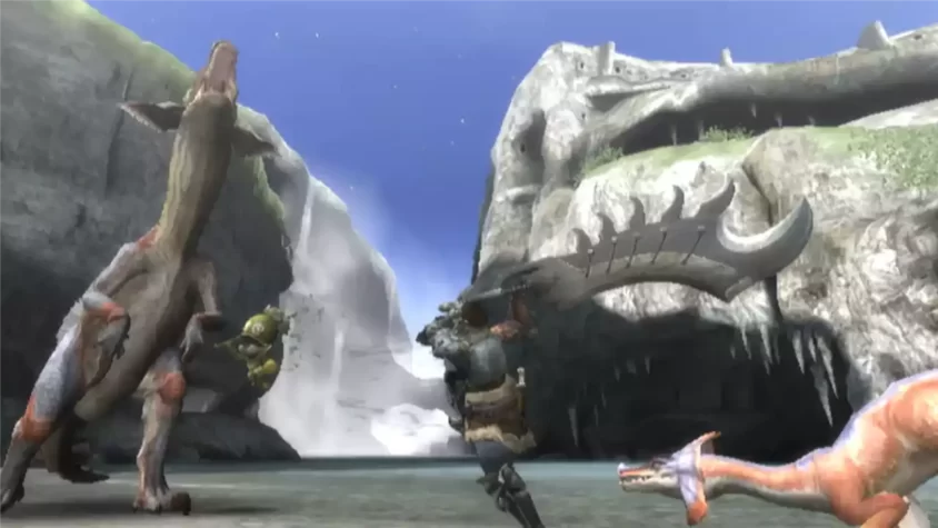 Персонаж в Monster Hunter Tri сражается с огромным существом