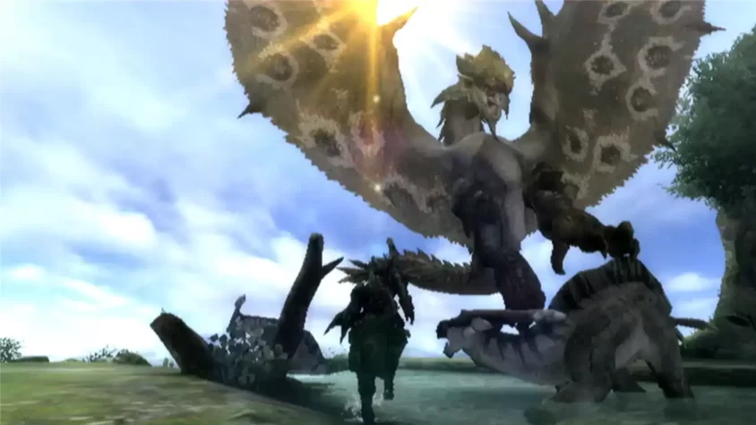 Охота в Monster Hunter Tri с ландшафтом на заднем плане