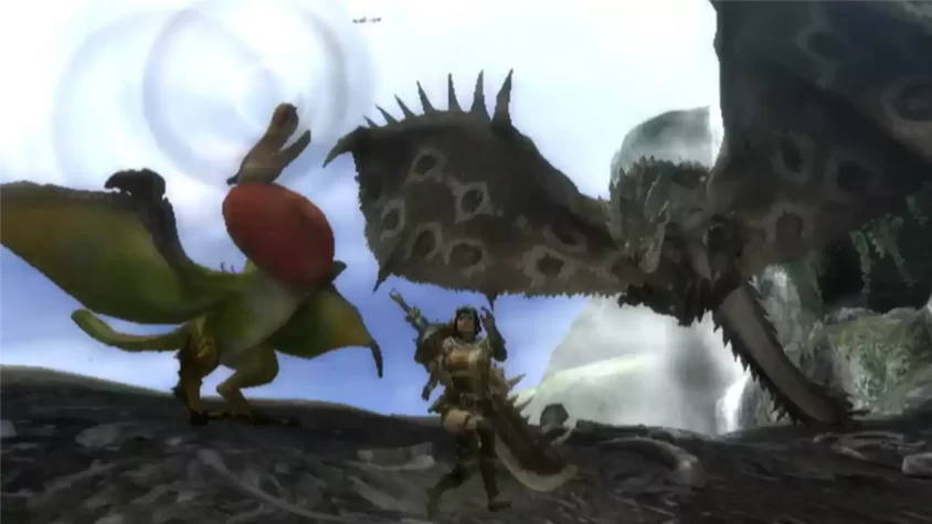 Сражение с монстром в Monster Hunter Tri с игроком в центре
