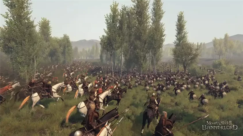 Скриншот с сражением в игре Mount & Blade II: Bannerlord, где войска сражаются на лошадях в красивой природной обстановке