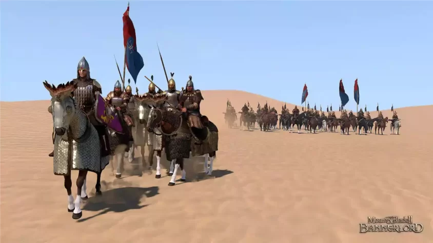 Скриншот с городом в игре Mount & Blade II: Bannerlord, с разрушенными зданиями и вандалами на улицах