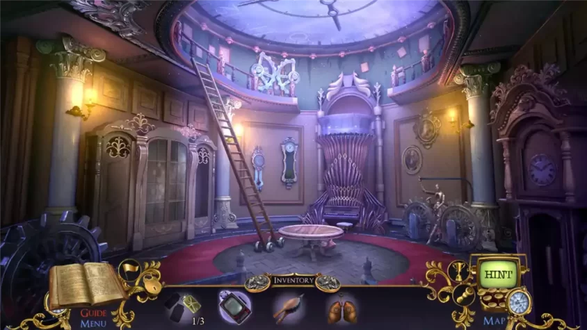 Интерьер игры Mystery Case Files: Moths to a Flame с лестницей и множеством деталей