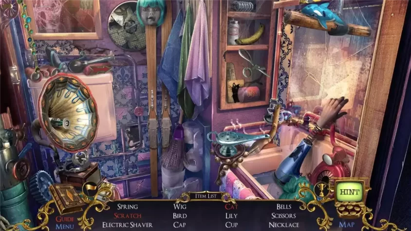 Игровой экран с полкой и множеством различных объектов в игре Mystery Case Files: Moths to a Flame