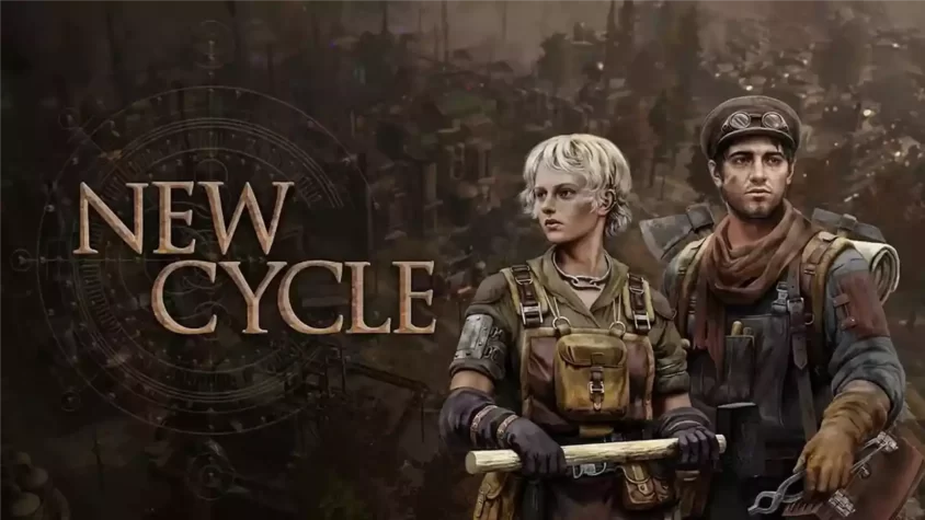 New Cycle – Обложка игры Обложка игры, два персонажа на переднем плане в разрушенном мире
