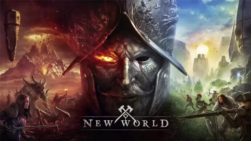 Обложка игры New World, где изображен металлический шлем с ярким оранжевым глазом