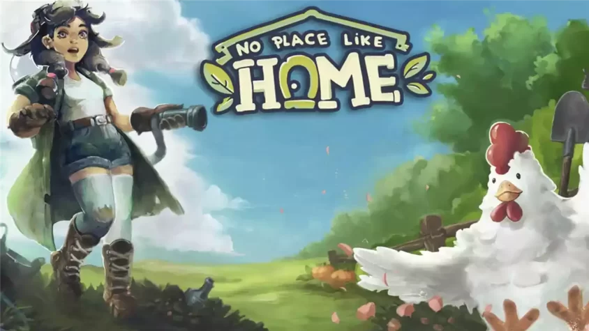 No Place Like Home - Обложка Обложка игры, в которой изображена девушка с камерой и курица на фоне фермерского пейзажа