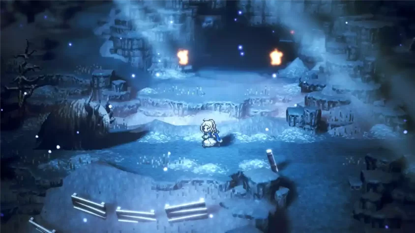 Скриншот с холодной локацией в игре Octopath Traveler: Champions of the Continent