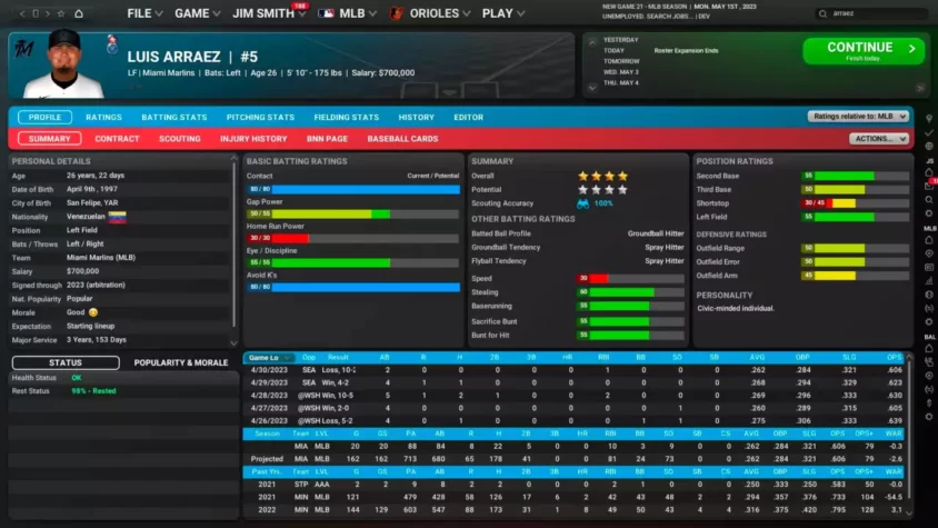 Скриншот профиля игрока Луиса Арраэса из Miami Marlins