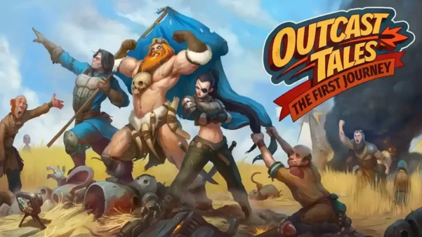 Обложка игры Outcast Tales: The First Journey с героями в боевой позе, окружёнными хаосом
