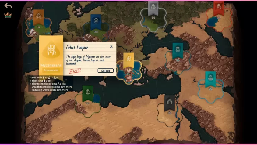 Выбор цивилизации в Ozymandias: Bronze Age Empire Sim с информацией о старте и бонусах