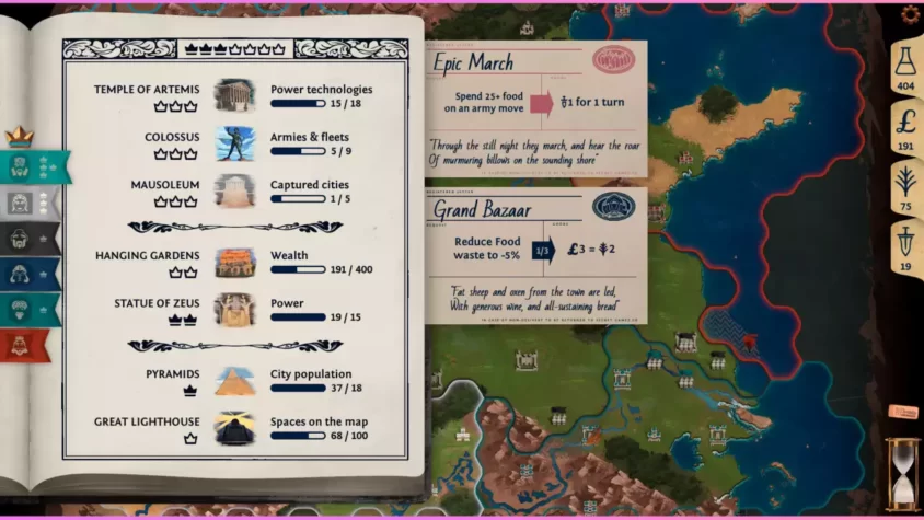 Меню с выбором чудес света в игре Ozymandias: Bronze Age Empire Sim