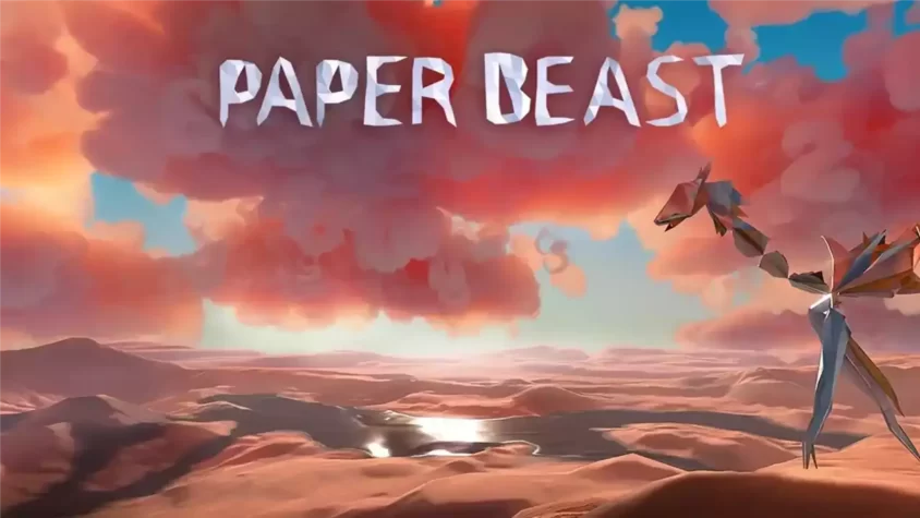 Paper Beast - Обложка игры Обложка игры, пустыня с облаками и оригами-представителем фауны