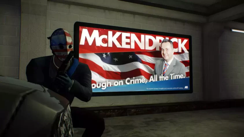 Персонаж с оружием и маской в PAYDAY 2 в момент атаки