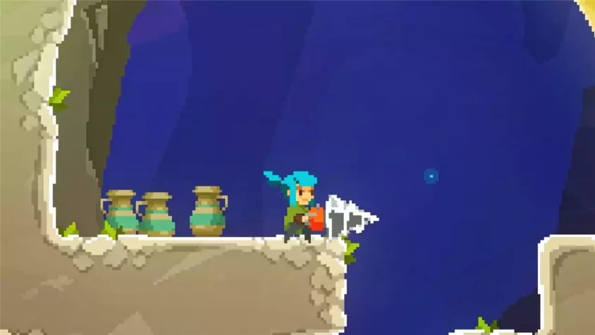 Скриншот из игры с персонажем на платформе в темном месте