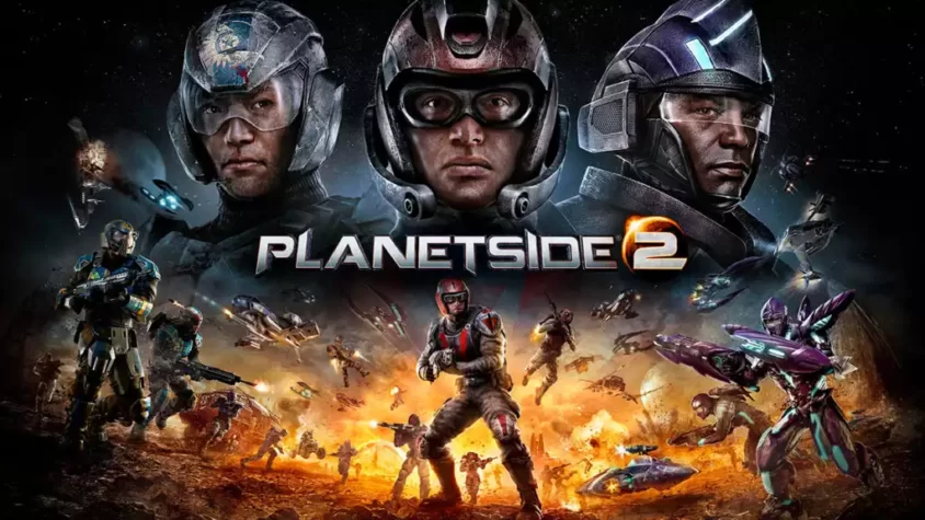 Постер игры PlanetSide 2 с изображением нескольких солдат в экзоскелетах и различных боевых сцена в фоновом режиме