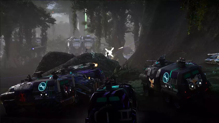 Скриншот из игры PlanetSide 2, на котором показываются военные машины и солдаты в джунглях