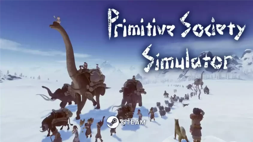 Primitive Society Simulator – первобытная жизнь в полной красе Обложка игры с мамонтами и первобытными людьми