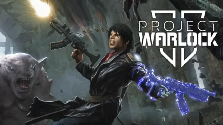 Project Warlock — обложка Обложка игры Project Warlock — парень с оружием и электрическим пистолетом
