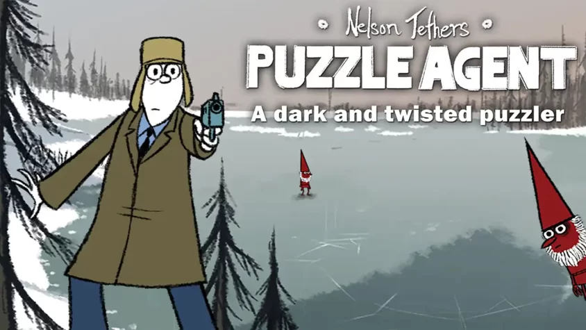 Puzzle Agent — Сложная и запутанная головоломка Обложка игры, главный герой держит пистолет и смотрит на странного гнома на фоне зимнего леса