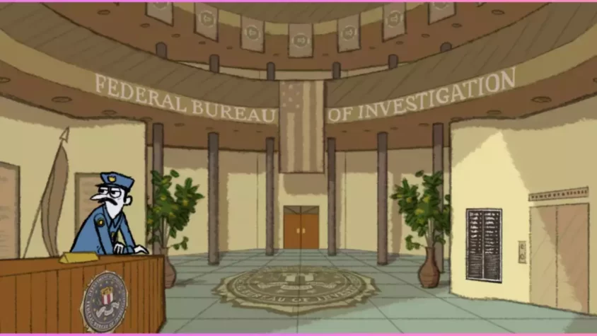 Здание ФБР с полицейским на посту и надписью 'Federal Bureau of Investigation'