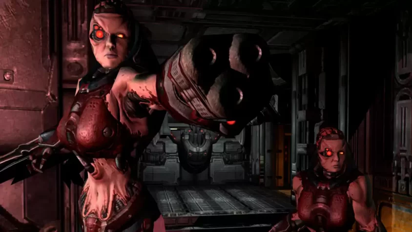 Персонаж с механической рукой в Quake 4