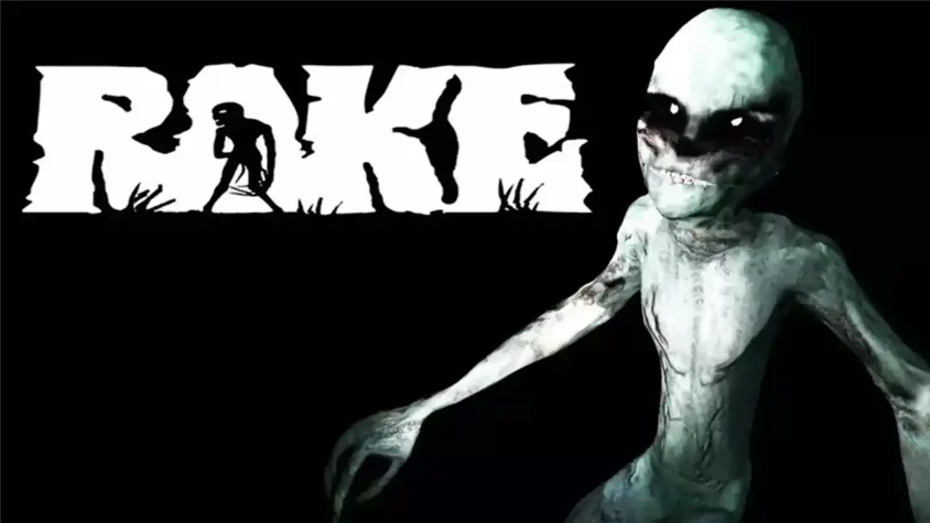 Обложка игры Rake Обложка игры с уродливым существом, похожим на инопланетянина, и логотипом Rake